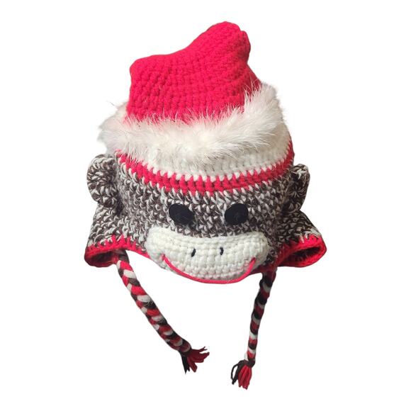 Sock Monkey Beanie Hat Braids Ear Flaps Santa Hat Crocket - Picture 3 of 6
